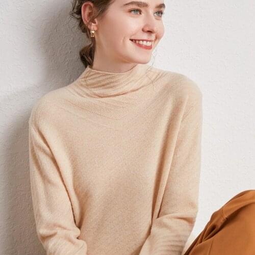 Zocept Mock Neck Wool Sweater Autumn Winter Women Pure Merino Wool Knitted Twill Twist Design Half Turtleneck Casual Pullovers