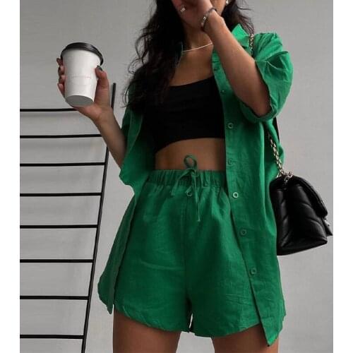 Summer 2021 Women Sports Suit Casual Lapel Short Sleeve Shirt High Waist Drawstring Loose Solid Color Women Two Piece Suit