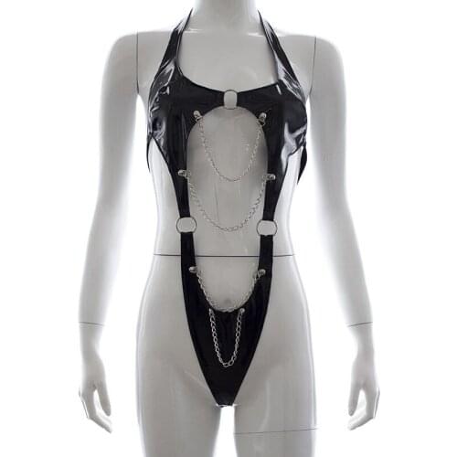 Women Black Patent Leather Bodysuit Gothic Metal Chain Leotard Erotic Hollow Out Underwear Fetish Lingerie Thong Night Clubwear