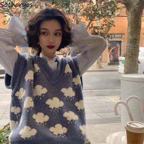 Sweater Vest Women Students Korean Style Harajuku Soft Leisure Clouds V-neck BF Vintage Streetwear Classic Aesthetic New Trendy
