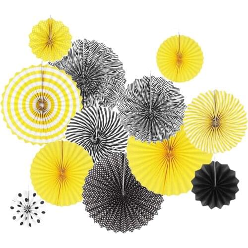 12pcs set black wasp party decoration hanging paper fan paper pompons background bumblebee baby shower gender display birthday