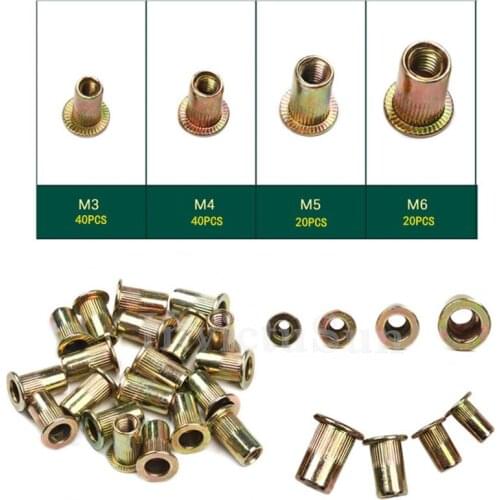 120PCS M3 M4 M5 M6 Flat Head Rivet Nut Set Carbon Steel Insert Reveting Multi Size Rivet Nuts Hardware Parts
