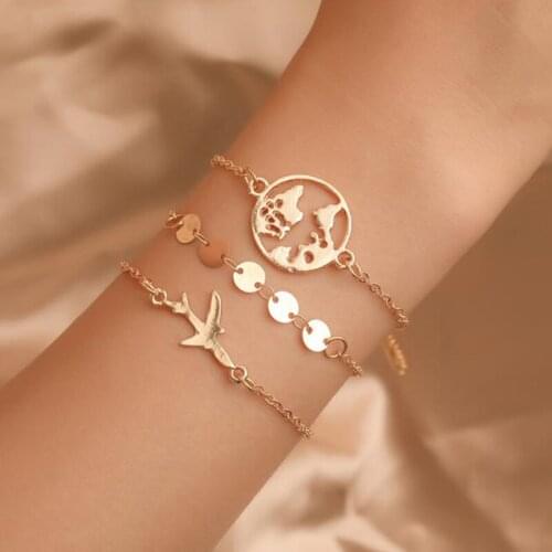 3PCs/set Map Airplane Charm Bracelets For Women Gold Crystal Wrist Chain Cool Fashion Hand Jewelry Female Bracelet