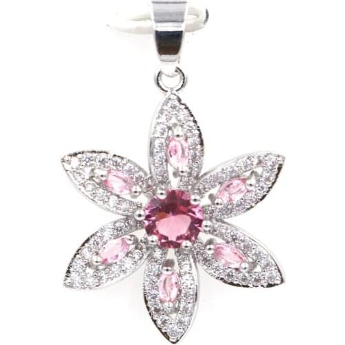 36x22mm SheCrown Flowers Shape Created Pink Tourmaline White CZ Gift For Ladies Jewelry Making Silver Pendant