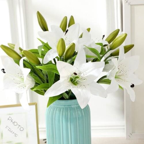 5pcs(3 Flowers 2 Buds) Artificial lily Flowers Silk Fake flower Bouquet Wedding Bridal white lily Christmas Home Party Decor
