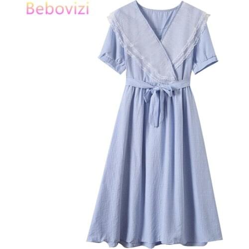 Bebovizi Fashion Korean Blue Black Young Style 2020 New Woman Sweet Preppy Short Sleeve Student Summer Girls Midi Dress
