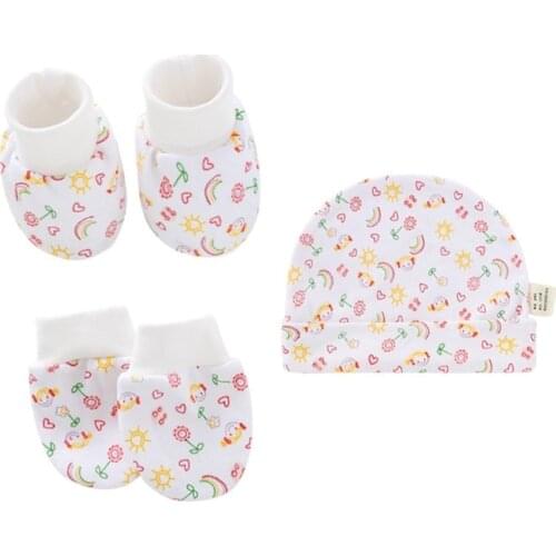 Baby Cartoon Anti-scratch Gloves Hat Foot Cover Set Handguard Cotton Mittens Beanie Cap Socks Kit for Infant Newborn Y1QF