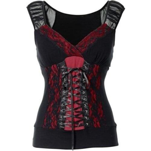 Imily Bela Gothic Bandage Tank Top Women Vintage V-neck Lace Patchwork Sleeveless Tanks Sexy Plus Size Camis Summer Haut Femme