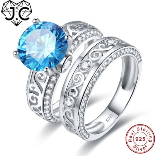 J.C Round Cut Blue & White Topaz Solid 925 Sterling Silver Ring For Women/men Set Wedding Anniversary Fine Jewelry Size 6 7 8 9