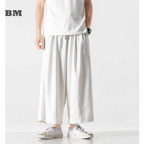 Chinese Style Loose Plus Size Wide Pants 2021 Cotton Linen Casual Cropped Trousers Summer Thin Harajuku Hakama Men Clothing