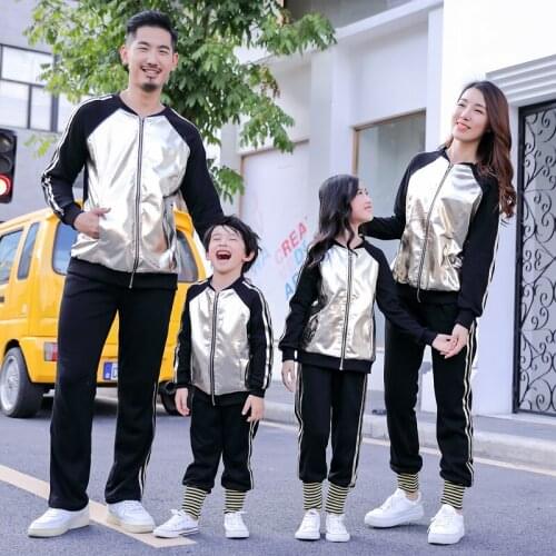 Family Matching Outfits Set PU leather Pachworked Coat and Long Trousers Dad Son Sports Suits Family Look Sets for Child-parents
