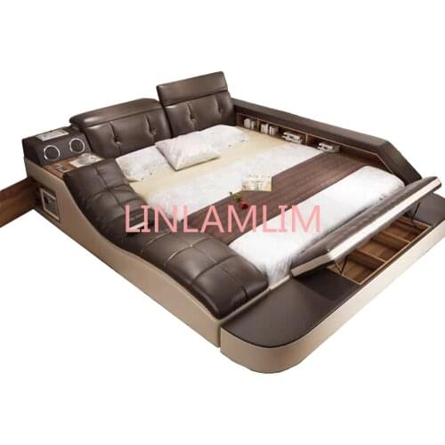 Real genuine leather bed with massage /double beds frame king/queen size bedroom furniture camas modernas muebles de dormitorio