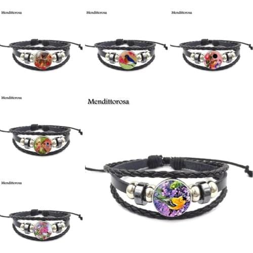 Mendittorosa Fashion Novelty Glass Black Leather Bracelet Bangles For Girls Wholesale Maxi New Year Gift Bird