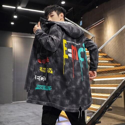 Mens Autumn Thick Mid-Length Printed Hooded Jackets Loose Streetwear Spring Black Windbreaker Zipper Tops Outwear Long Coats