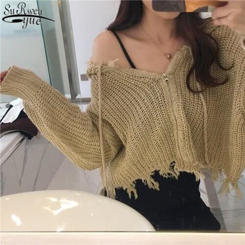 New Spring Autumn 2021 Personalized Zipper Tassel Perforated Hooded Cardigan Women Loose and Versatile Short Coat 12823