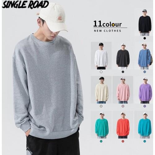 Single Road Crewneck Sweatshirt Men 2021 Solid Plain Japanese Streetwear Harajuku Hip Hop Corlorful Casual Oversized Hoodie Men
