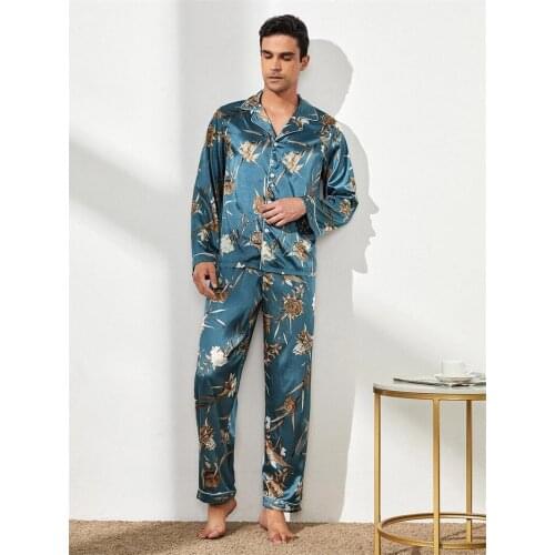 Autumn Luxurious Ice Silk Mens Printing Long Sleeve Trousers Pajamas Males Casual Pijama 2Psc Set Comfort Home Clothes Sleepwear