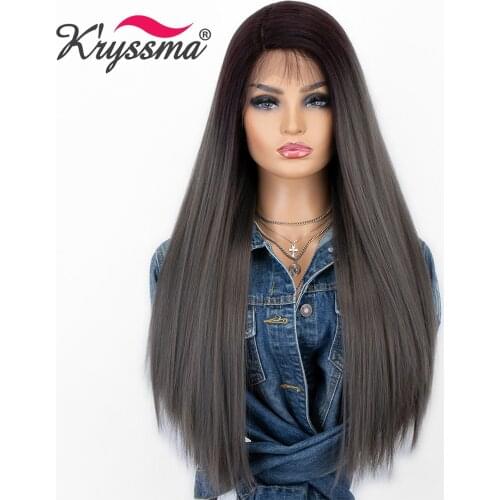 Kryssma Long Straight Lace Front Wig Synthetic Wigs For Ombre Natural Brown Black Wig Women Cosplay Wigs Mixed Purple Pink