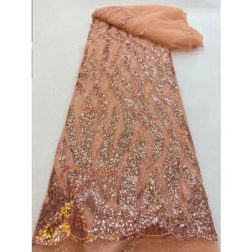 Peach French Lace Fabric 2021 High Quality Lace With Beads Latest African Embroidery Tulle Lace Fabric Nigerian Lace For Wedding