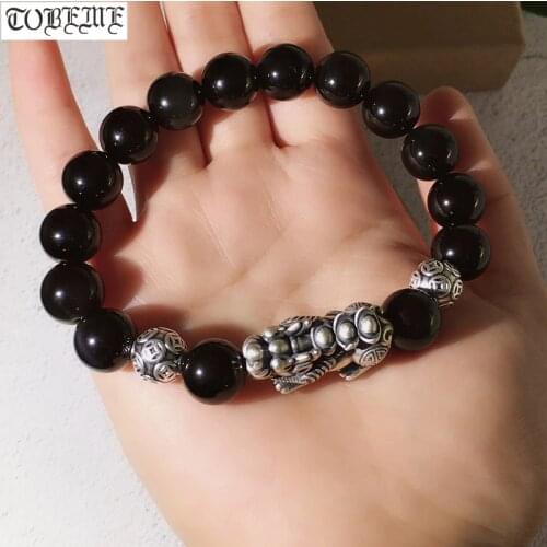 Handmade 925 Silver Pixiu Beaded Bracelet Rainbow Obsidian Beads Good Luck Bracelet Lucky Beads Bracelet