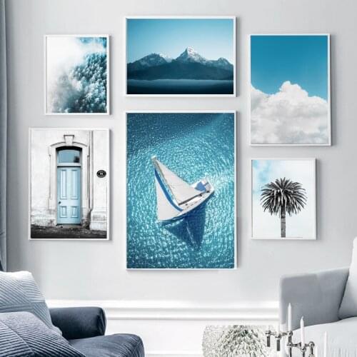 Blue SKy Cloud Sea Palm Tree Mountain Wall Art Canvas Painting Nordic Posters And Prints Wall Pictures For Living Room Decor