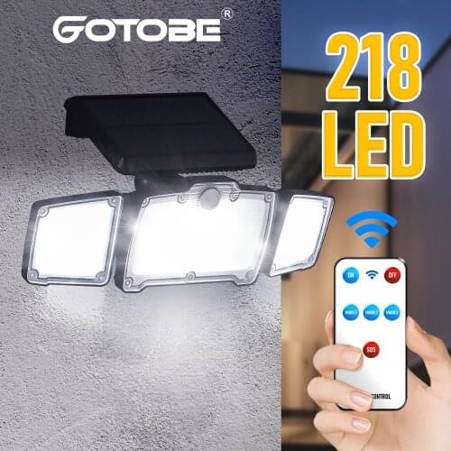 218 LED superbright Outdoor Solar Lights 3 Heads Motion Sensor 270° Wide Angle Illumination Waterproof Remote Control Wall Lamp