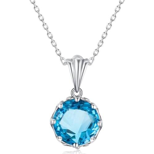 Szjinao Sky Blue Topaz Gemstone Pendants Necklaces for Women 925 Sterling Sliver Round Romantic Wedding Gift Valentines Jewelry