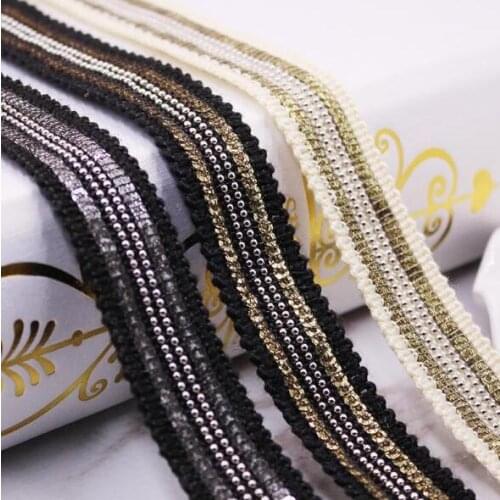 20Yards Gold Beaded Chain Lace Pearl Trims Vintage Fabric Silver Paillette Sequin Chemical Lace Wedding Dress Dentelle Appliques