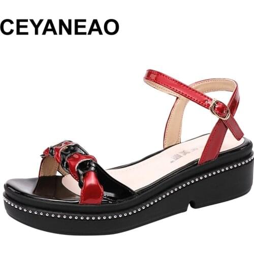 CEYANEAO Sandals Womens Summer Shoes 2021 New Platform Patent Leather Wedge Medium Heel Rome Sandals