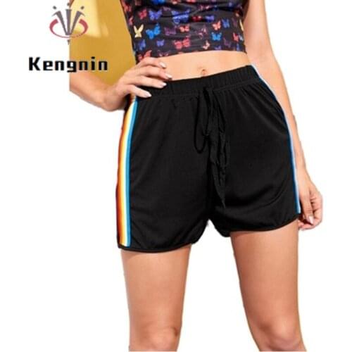 2021 Spring Summer Womens Shorts European Style Casual Patchwork Color Ladies Short Drawstring Female Sweatpants Black KN105