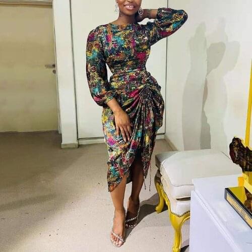 2021 New Clothes For Women Dress Vintage Printed Long Sleeve High Waist Asymmetrical Mid Calf Elegant Evening Night Party Dress