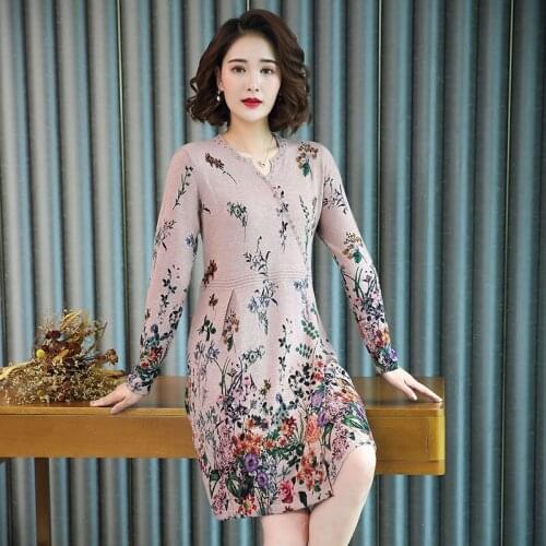 Women Autumn Cashmere Vintage Floral Sweater Dress Elegant Middle Aged Mother Wool Sweater Dress Pullover