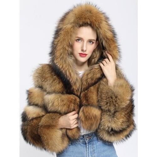 Women Real Raccoon Fur Short Coat Winter Natural Furry Hooded Jacket Long Sleeves Fashion Outerwear