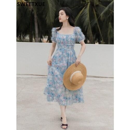 SWEETXUE 2021 Women Summer Vintage Elegant Fashion Temperament Tassel Flower Square Collar Chic Fairy Dress Female Vestidos