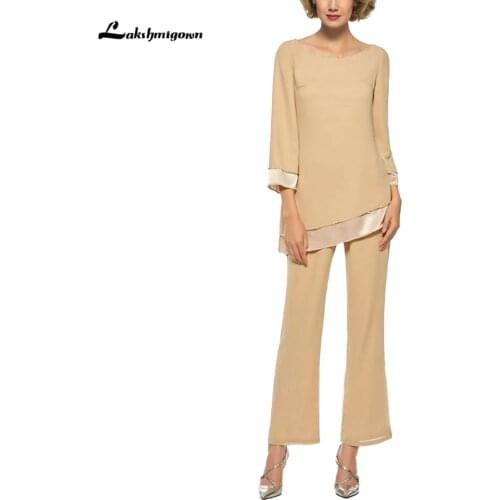 2021 Champagne Mother of Bride Dress 2-Pieces Pant Suits Elegant Plus Size Formal Chiffon for Formal Wedding Party drees woman
