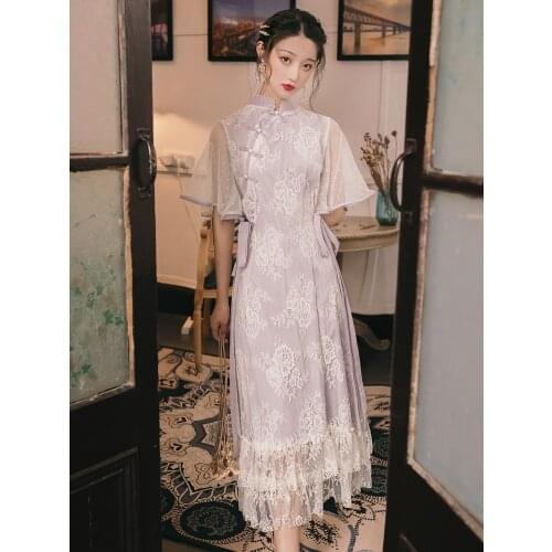 Vintage Dress Female Embroidery Dresses 2021 Spring New Lace Lotus Leaf Sleeve Elegant Qipao Improved Cheongsam Dress Daily