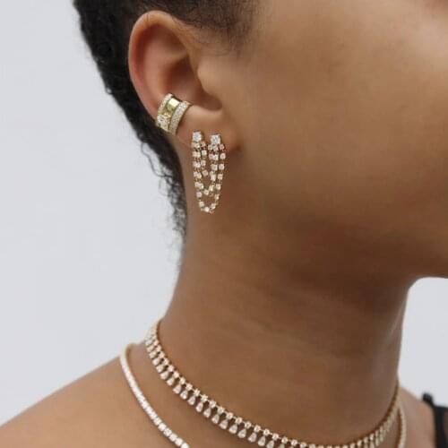 1PC Double Hole Multi Piercing Luxury Fashion Women Earring Sparking 5A CZ Station Long Tassel Chain Gold Color Ice Out Jewelry