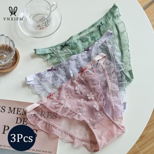 Summer cute three-dimensional flowers ladies panties girly Japanese mesh bowknot breathable cotton crotch low-waist briefs 3pcs