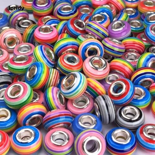 50pcs/lot 14MM with Silver Brass Cores Resin Large Hole Rainbow Design Acrylic Jewelry Beads Fit European Charms Bracelet