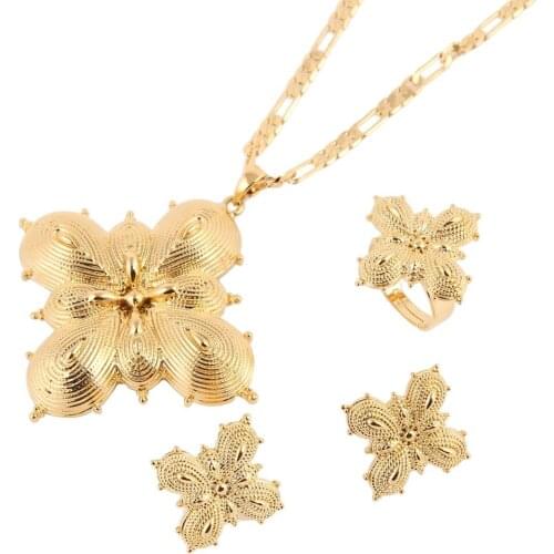 Bangrui Ethiopian Cross Jewelry Set Gold Color Necklace/Earrings/Ring/ Habesha Africa Wedding Gifts