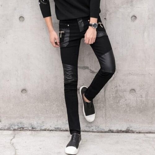 Fashion Mens Pant Faux Leather Jeans Spliced Denim Trousers Male Stretch Slim Fit Punk Stage Singer Motorcycle Casual Pants Men