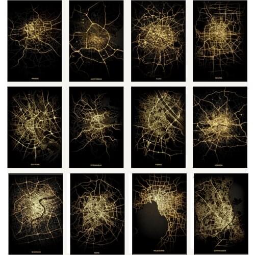 Black Golden Word Poster City Map Paris London New York Nordic Print Canvas Painting Wall Picture for Living Home Decor