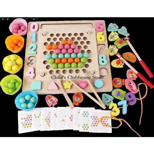 Four in One Clip Bead Game Wooden Childrens Fishing Clip Bead Beaded Toy Toddler Number Calculation Early Education