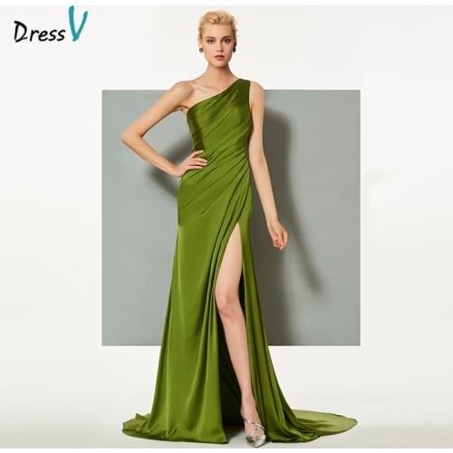 Dressv green elegant evening dress sheath court train one shoulder split-front wedding party formal dress column evening dresses