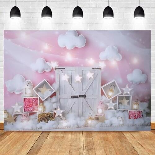 Photo Backdrop Fantasy Glitter Star Lights Cloud Wood Door Newborn Baby Shower Birthday Party Photography Background Photocall