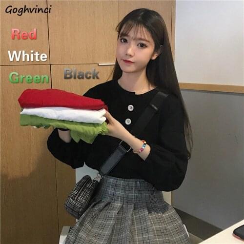Long Sleeve T-shirts Women Solid Button O-Neck Loose Soft Elegant Beauty All-match Spring Trendy Simple Ulzzang Korean Style Ins