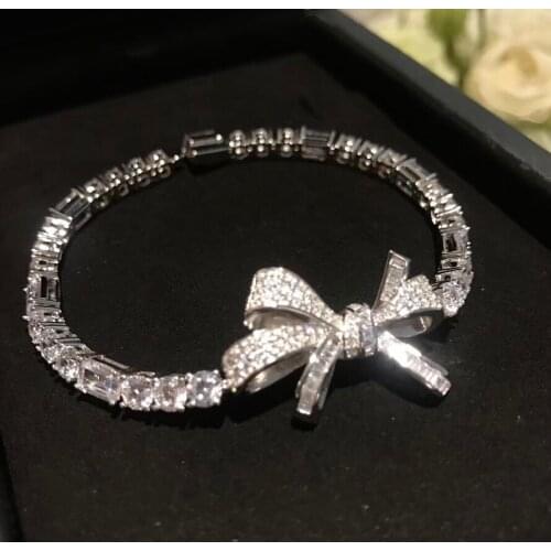 Famous Brand Pure 925 Sterling Silver Jewelry For Women Full Zircon Bowknot Bracelet Sweet Romantic Europe Luxury Gifts Bangle
