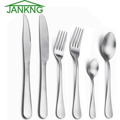 JANKNG Silver Dinnerware Set Stainless Steel Matte Silverware Cutlery Steak Knife Dessert Fork Teaspoon Tableware DropShip