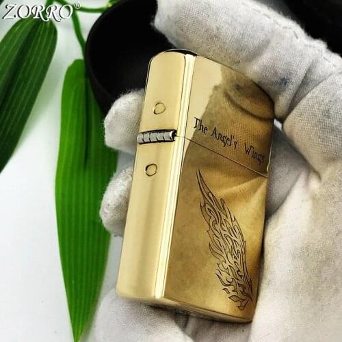 Zorro Kerosene Lighter Pure Copper Brass Carving Angel Wing Classic Pattern Gasoline Lighter Business Gift Outside Tool