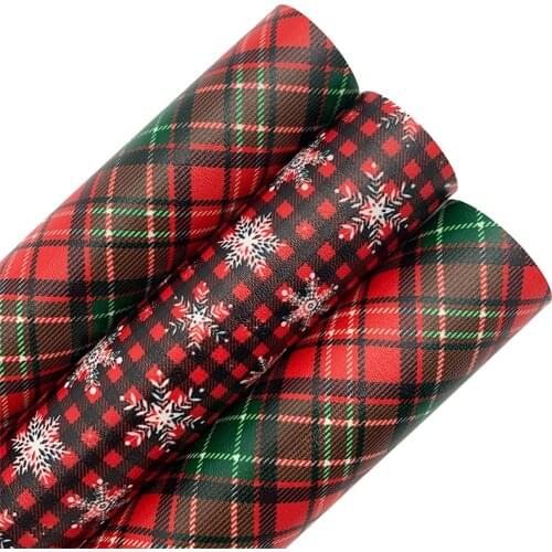 Tartan Snowflake Printed Synthetic Vinyl Fabric Sheet Felt Backing Synthetic Leather Faux Vinil For Bows Earrings DIY T573A